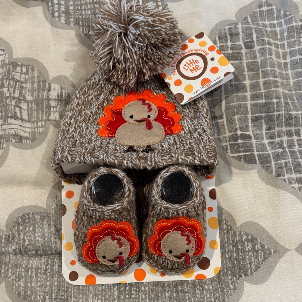 Little Me Brown and Orange Turkey Pom Pom Hat & Booties Set